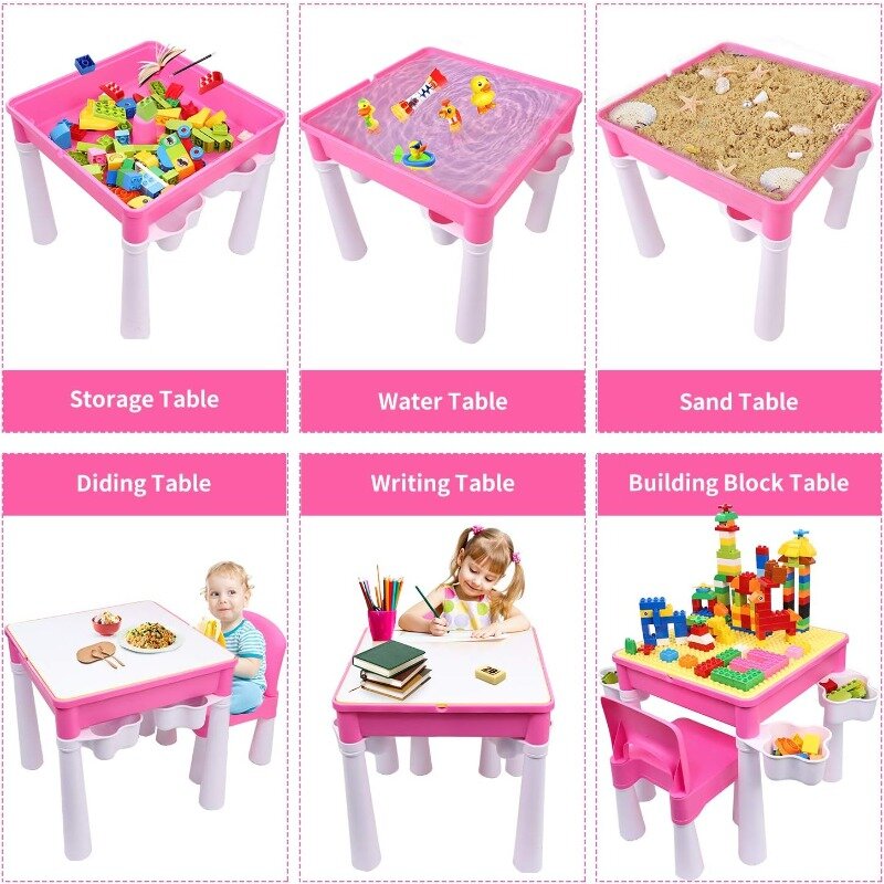 5-in-1 Multi Activity Play Table Set, Includes 1 Chair and 128 Pieces Compatible Large Bricks Building Blocks