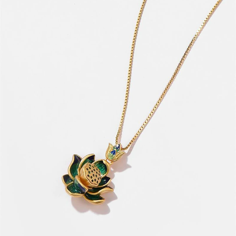 Set di gioielli con fiore di loto smaltato classico artigianale in oro antico orecchini di cristallo verde fresco per accessori per collana con anello da donna