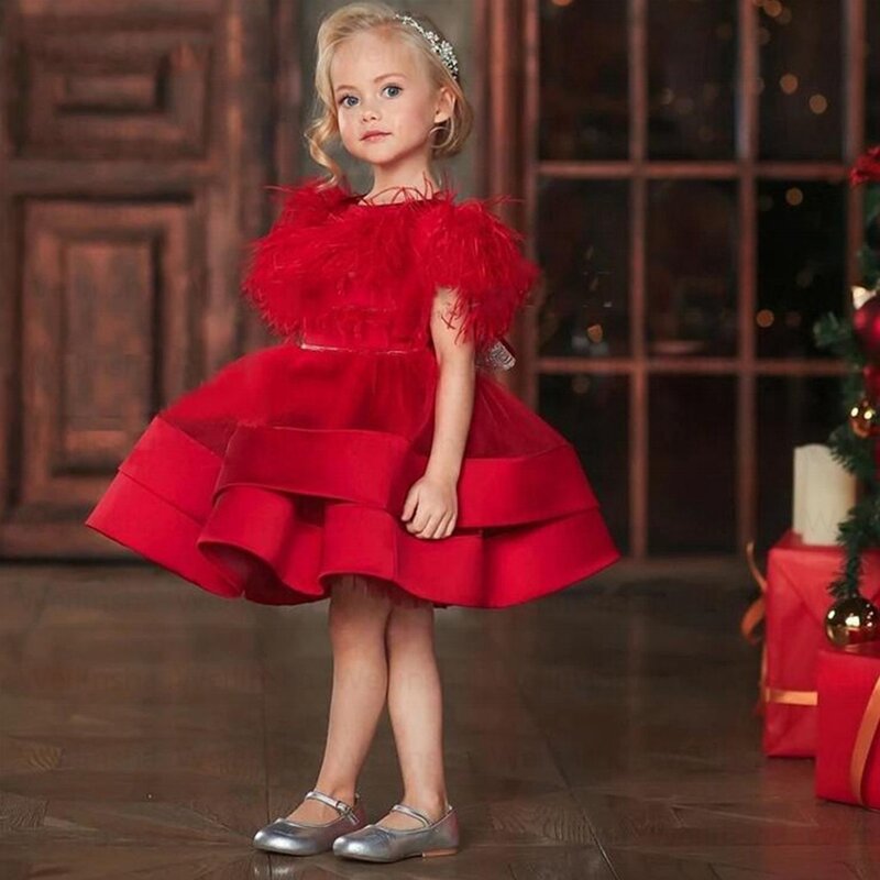 Vestidos de flores rojas con tutú y borla para niña, vestidos de Quinceañera de línea A de Navidad de manga corta, novedad de 2022