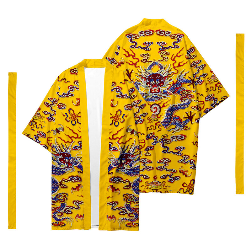 وصل حديثًا سترة بنمط ياباني مطبوعة على شكل تنين كيمونو تقليدي للرجال قمصان بنمط يوكاتا ملابس الشارع كبيرة الحجم من Haori
