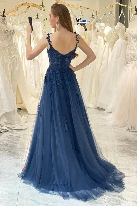 Navy A Line Tulle Appliques Sweetheart Spaghetti Straps Evening Dress Sexy Backless Zipper High Slit Princess Long Prom Dress