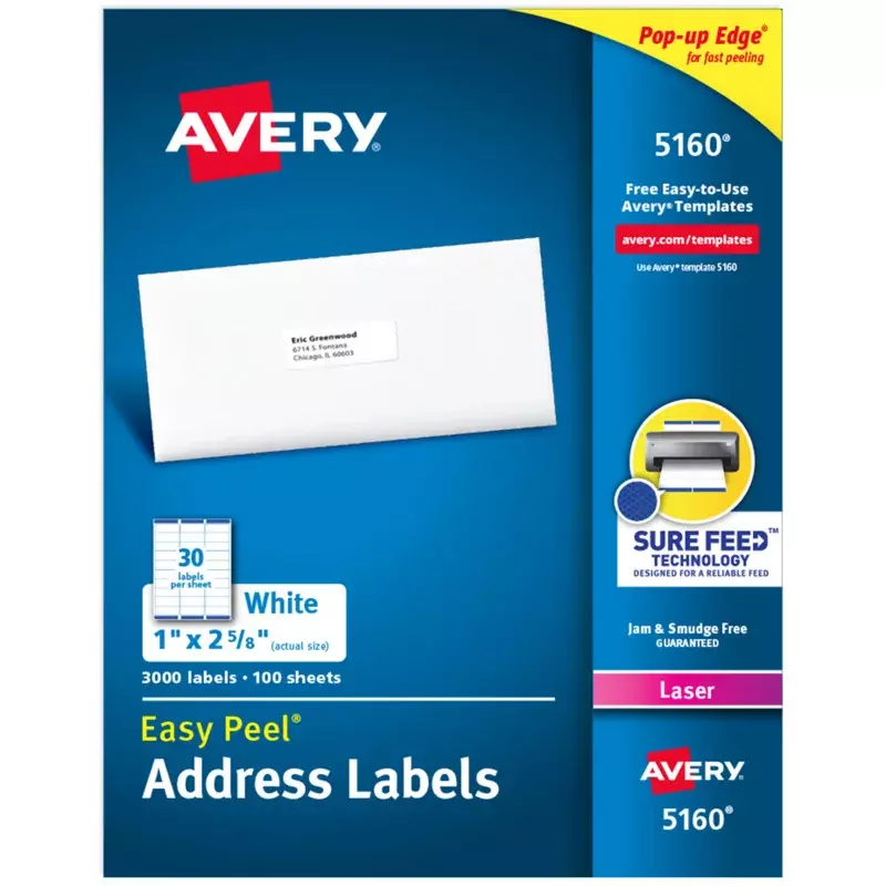 Etiquetas de endereço Avery, branco, 1 "x 2-5 8", laser, 3.000 etiquetas 05136, 2.494 lb