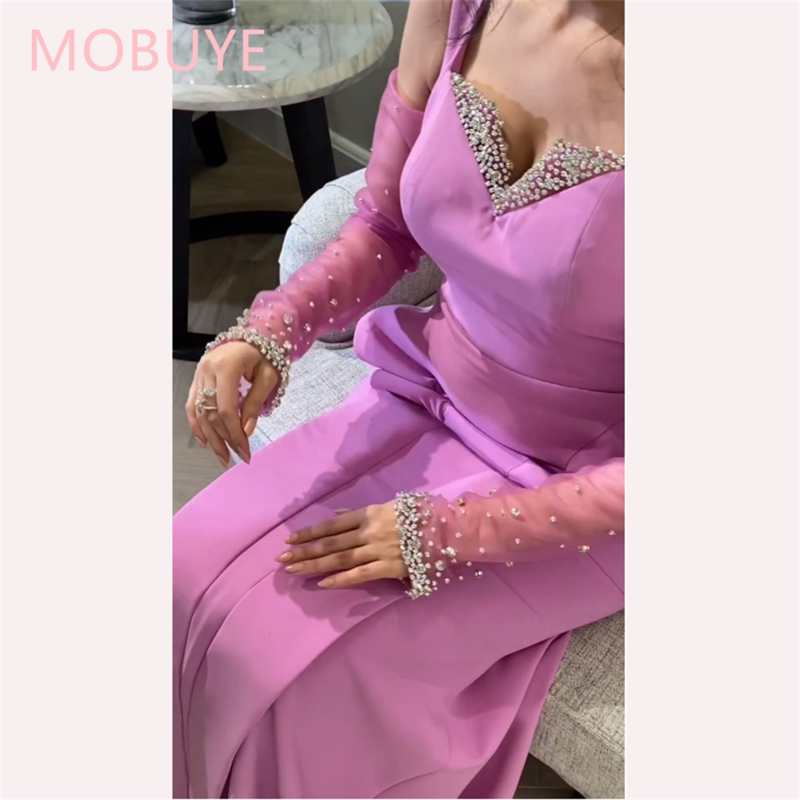 MOBUYE-vestido feminino de baile sem ombro, árabe, Dubai, elegante vestido de festa, manga comprida, até o chão, moda noite, 2022