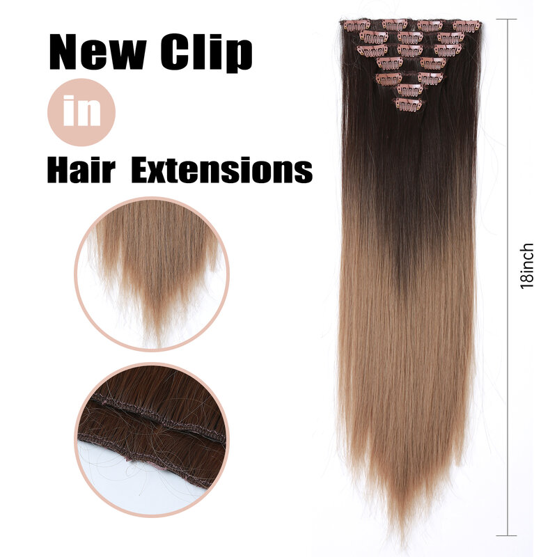 Rambut palsu Natural ekstensi rambut klip lurus sintetis untuk wanita hitam coklat Ombre tebal tahan panas