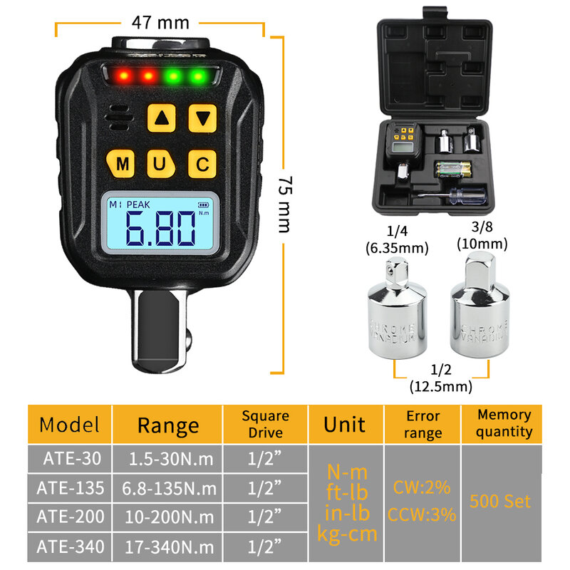 Adaptor Torsi Digital 1. 5-340n. m, 1/2 kunci pas torsi elektronik dapat disesuaikan, alat perbaikan kunci sepeda motor mobil