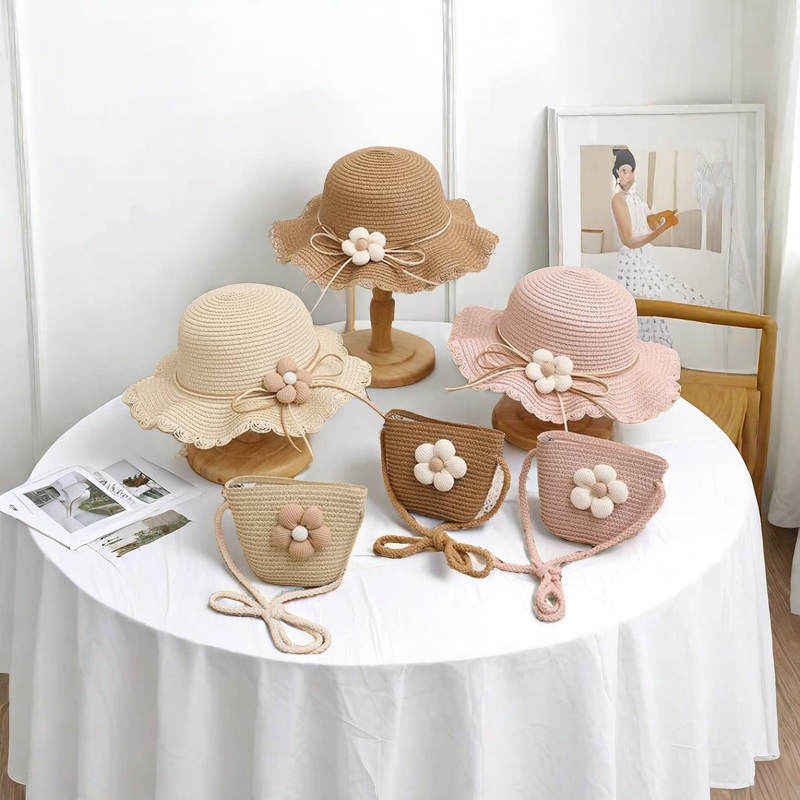 Baby Versatile Two-piece Set  Girls Fashion Fisherman Hat  Flower Straw Hat + Crossbody One-shoulder Mini Coin Bag