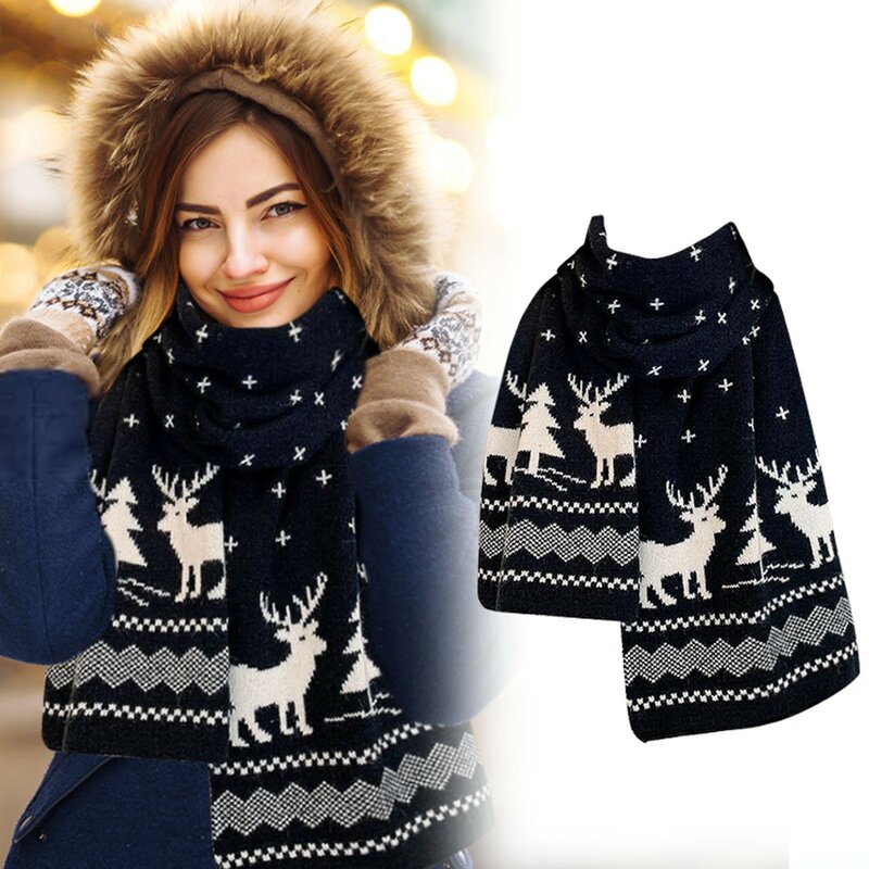 Daily Wear Creative Gift Scarf 1 PCS Christmas Winter Knitted Scarf Female Double Sided Christmas Scarf Reindeers Snow Soft