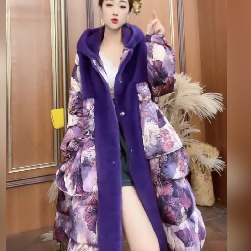 2023 nowych moda zima kobiety płaszcz z kapturem Thikcen ciepły, patchworkowy Mink Velvet dół kurtki płaszcz Trendy Casual kobiet znosić