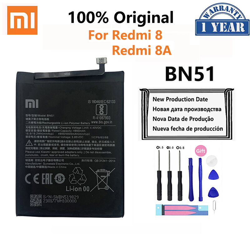 100% 샤오미 레드미 휴대폰 배터리, 교체용 배터리, Redmi 8, Redmi8, Redmi8A, 5000mAh, BN51