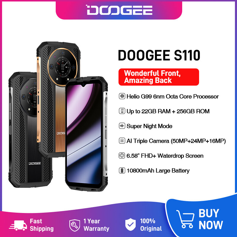DOOGEE S110 شاشة خلفية وعرة 12GB + 256GB شاشة 6.58 "FHD قطرة الماء هيليو G99 ثماني النواة 66 واط شحن سريع بطارية 10800mAh