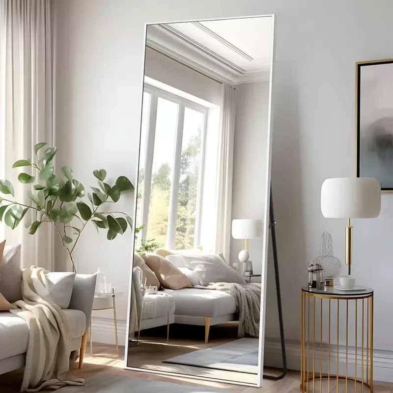 Duży prostokąt na podłogę do sypialni lustro montowany na ścianie, cienka oprawka ze stopu aluminium, biały, 65 "x 22"