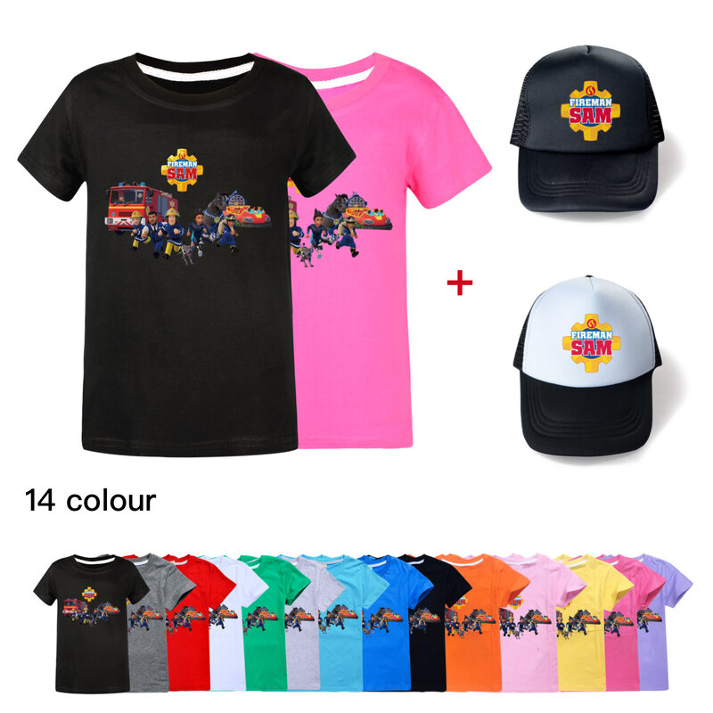 T-shirt de manga curta para menino e menina, conjunto em 2 partes, bombeiro, roupas de verão, com chapéu e chapéu, para criança, verão, 2024