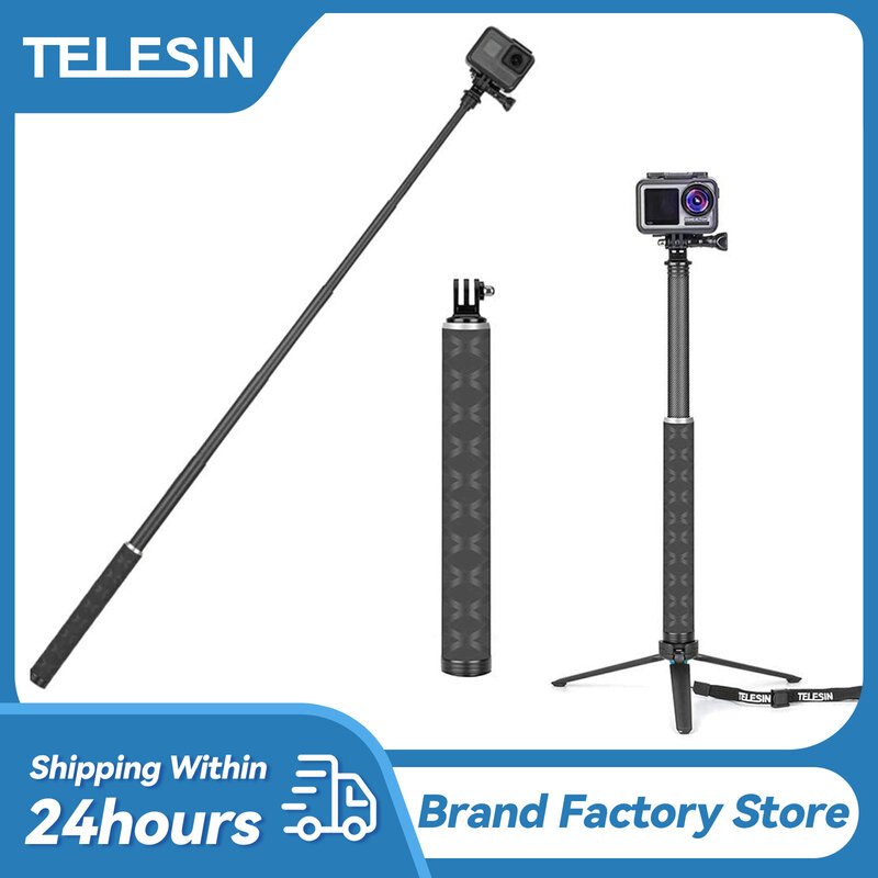 TELESIN Ultralight คาร์บอนไฟเบอร์ Selfie Stick With Tripod สำหรับ GoPro Hero/DJI OSMO Action/Insta360/AKASO Action อุปกรณ์เสริมกล้อง