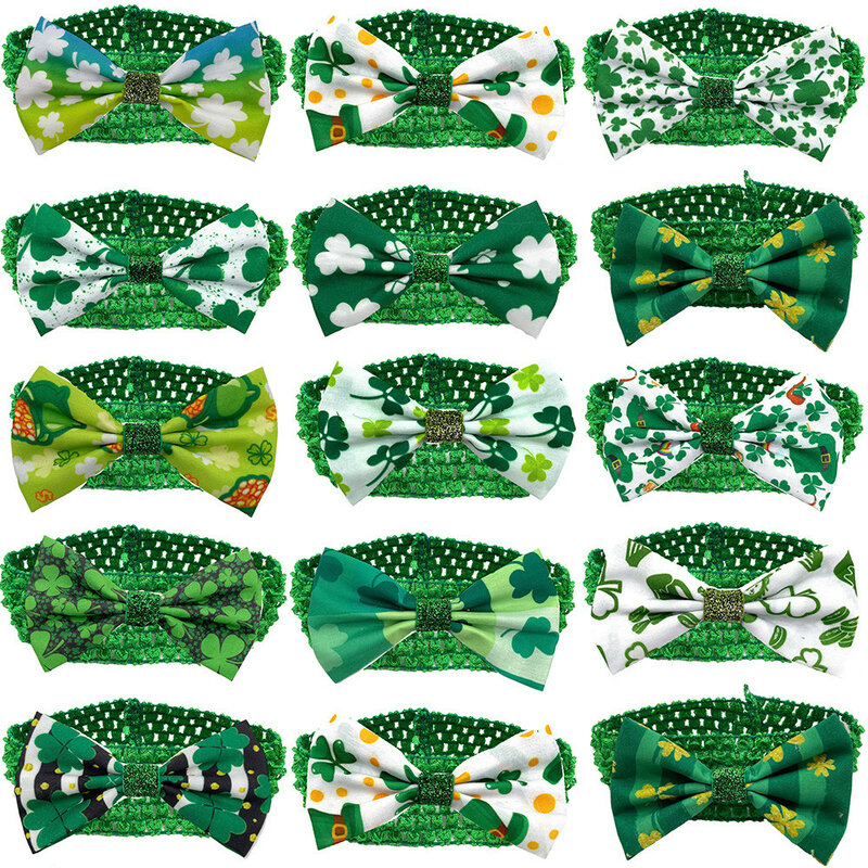 성 패트릭의 날 개 나비 넥타이 탄성 밴드 녹색 클로버 패턴 작은 중간 큰 개 천 나비 넥타이, 애완 동물 미용 제품