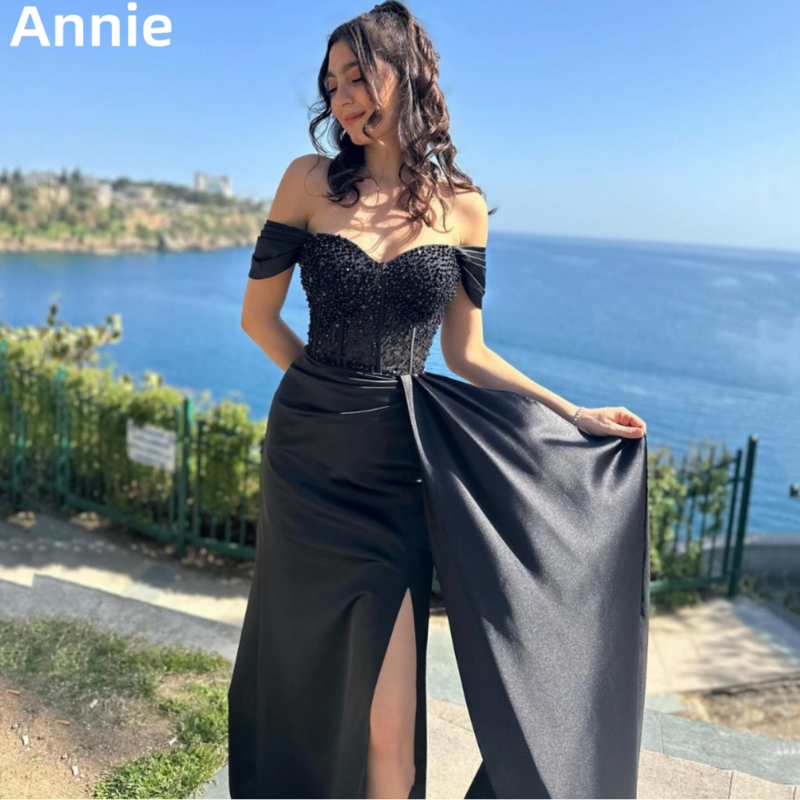 Annie Black Silk-satin Prom Dresses Mermaid Beads Evening Dresses Women's Wedding Formal Occasions Party Dresses Robes De Soirée