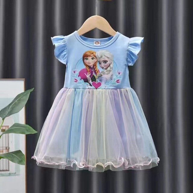 Vestido de Frozen para niñas, ropa informal de manga corta con malla arcoíris, Elsa, Anna, 2024