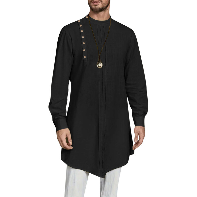 Vestido musulmán para hombre, Túnica árabe media de manga larga con bolsillo bordado, Camisa larga, abrigo, camisa de oración