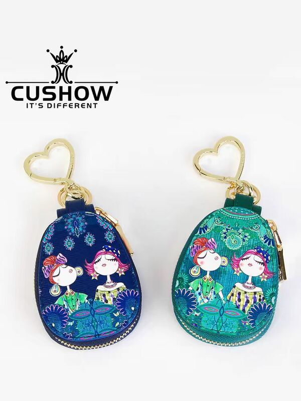 Catshow fashion printed cowhide zipper key bag 2024 new multi-purpose cute leather pendant car keychain
