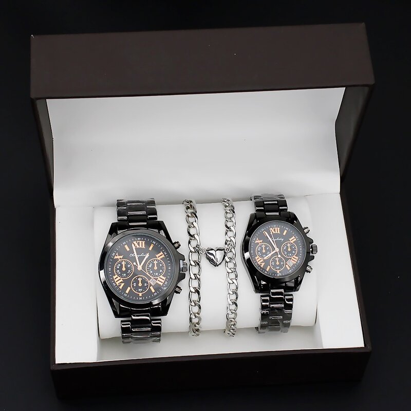 4 buah Set jam tangan pasangan jam tangan baja kuarsa hitam Pria Wanita mewah jam tangan wanita Relogio Feminino dengan gelang neskle GIF