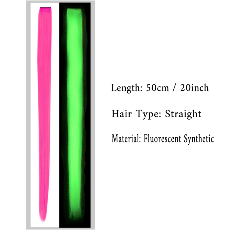 5pc 20Inch Glow In The Dark Hair Extensions Clip Luminous Colored Hairpieces Party Rainbow Hair Clips Synthetic Neon Fake Hair