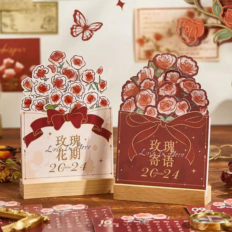 Calendário de Mesa Floral com Flor, Fofo e Elegante, Calendário de Mesa Criativo, Feriado, Decoração para Quartos, Sala, 2024
