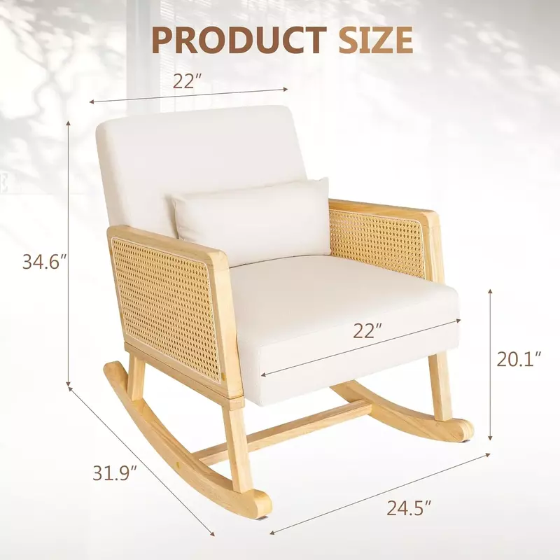 Madeira maciça Cadeira de balanço, Móveis de vime Assento, Glider Rattan Rocker Chair, Almofadas laváveis, All-Weather Pátio