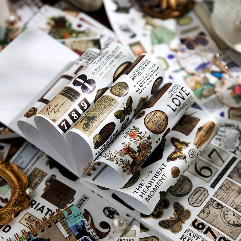 Ensemble d'autocollants vintage Washi pour scrapbooking, livre d'autocollants esthétiques, fournitures de journalisation, artisanat d'art, journaux, 50 feuilles