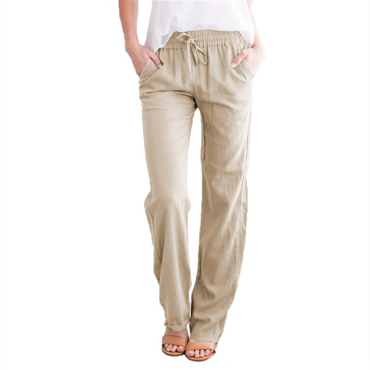 Pantalones Cargo rectos de pierna ancha de cintura alta para mujer, pantalones casuales sueltos de cáñamo de algodón, sólidos