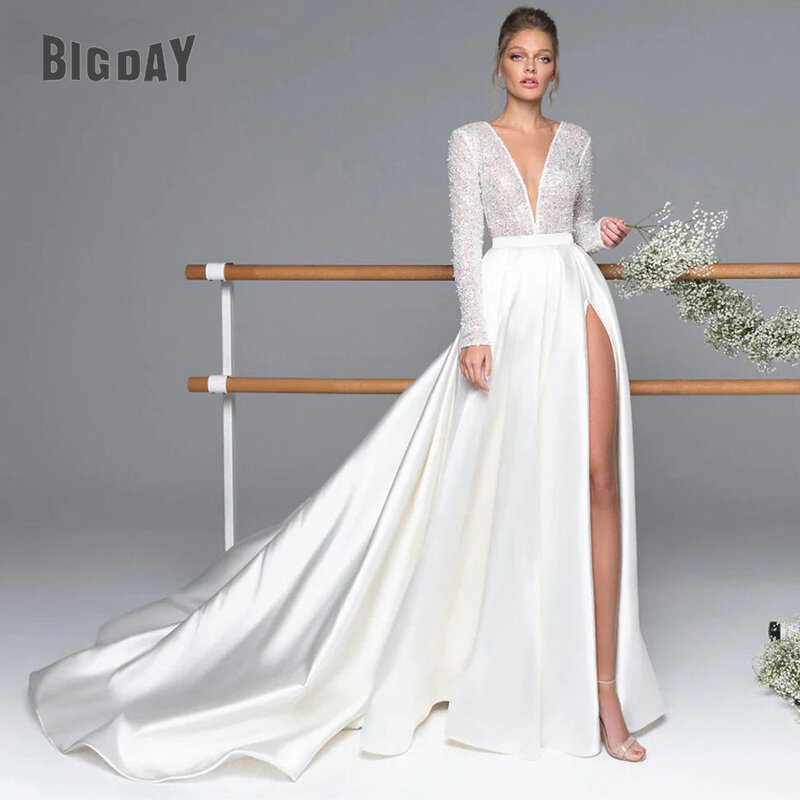 Luxury Long Sleeve Satin Wedding Dress Deep V-Neck Side Split Bridal Party Gown Vestido De Novia Sweep Train Vestidos De Novia