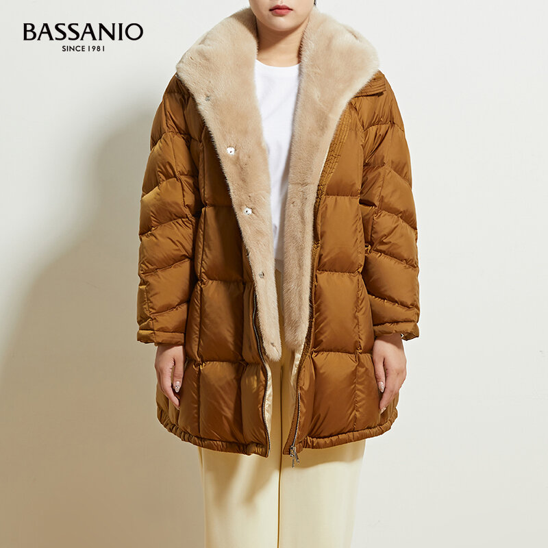 Natural Mink Fur Collar Hooded Duck Down Coat Women Winter Warm Outwear