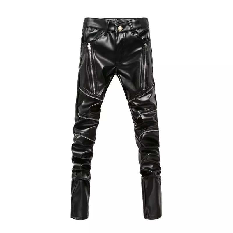 Pantalon de motard skinny en cuir PU pour hommes, mode de rue haute, vêtements de club de scène pour hommes, moto, fjfor, hiver, nouveau