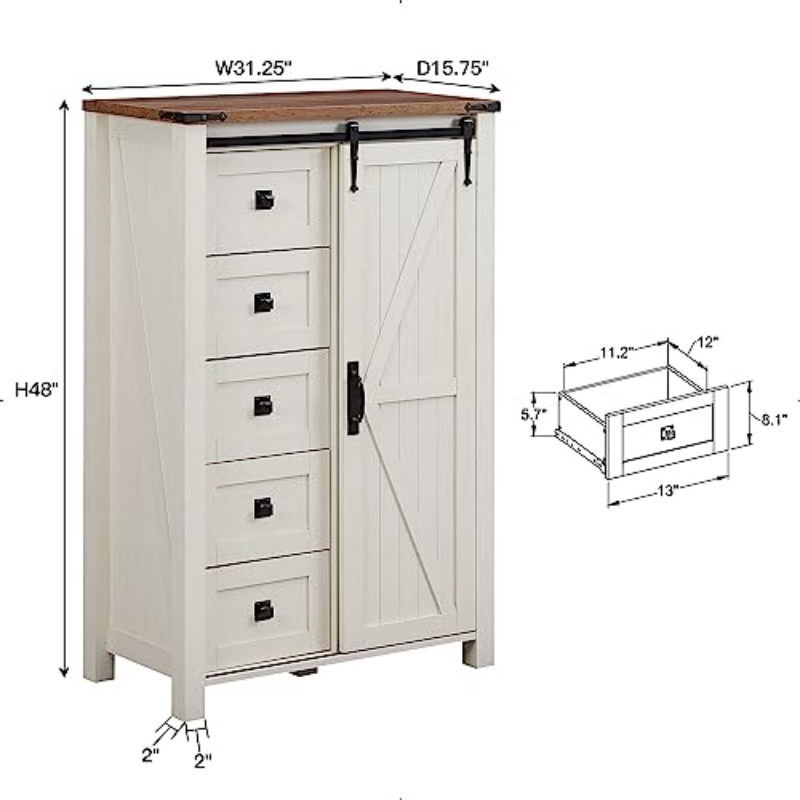 5 Drawers Dresser for Bedroom w/Sliding Barn Door, Farmho