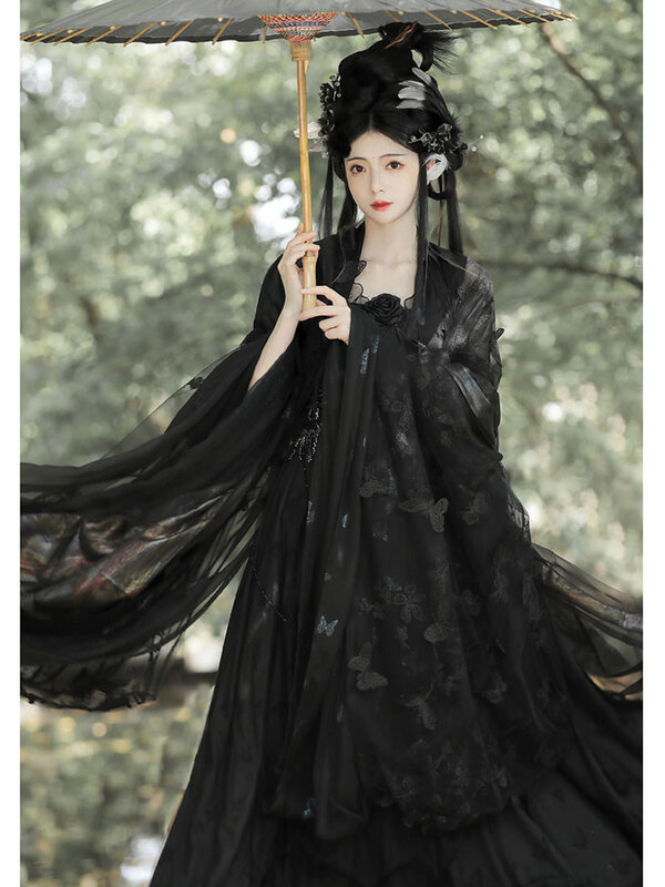 Ханьфу в национальном стиле, длина талии, съемная юбка Hezi, рубашка с большими рукавами, иммортальное тёмное кимоно Qi, комплект с юбкой ханьфу