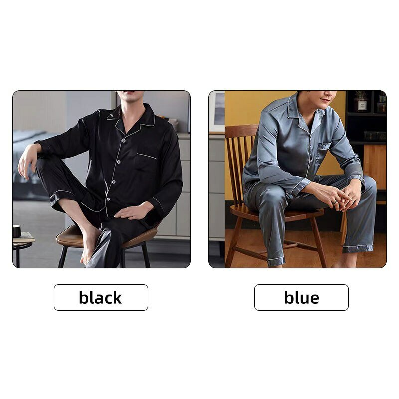 Conjuntos de pijamas de seda gelo masculinos, roupa de dormir preto e azul, mangas compridas, calças compridas, cor sólida suave, L, XXL, 3XL, 4XL