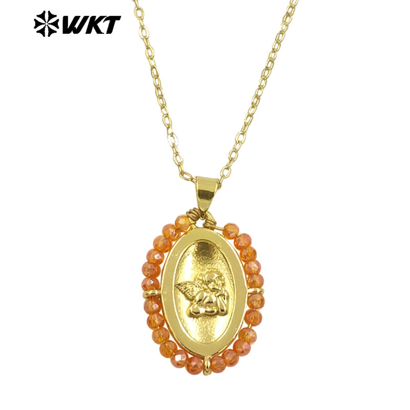 Pingente de bronze amarelo para mulheres, lindo bebê com contas de cristal coloridas, colar de jóias WT-MN994, ângulo especial