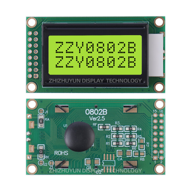 COB Módulo LCD, luz verde esmeralda, caracteres pretos, tela LCD, 16PIN, 0802B, 8*2 personagem