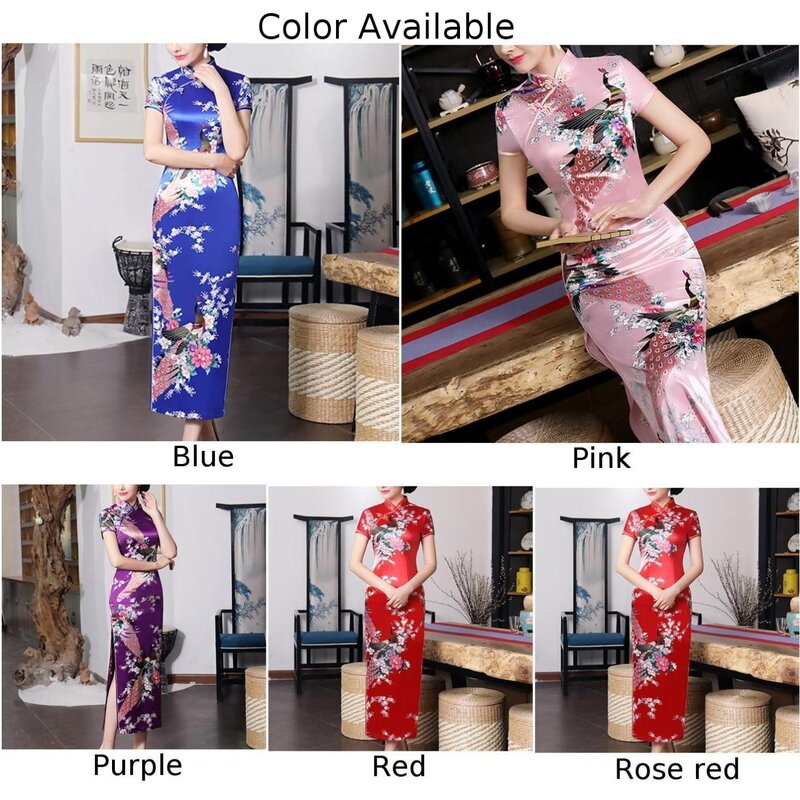 Vestido informal de satén para mujer, Cheongsam chino con estampado de flores, Color sólido, 1 piezas, sin elasticidad, poliéster