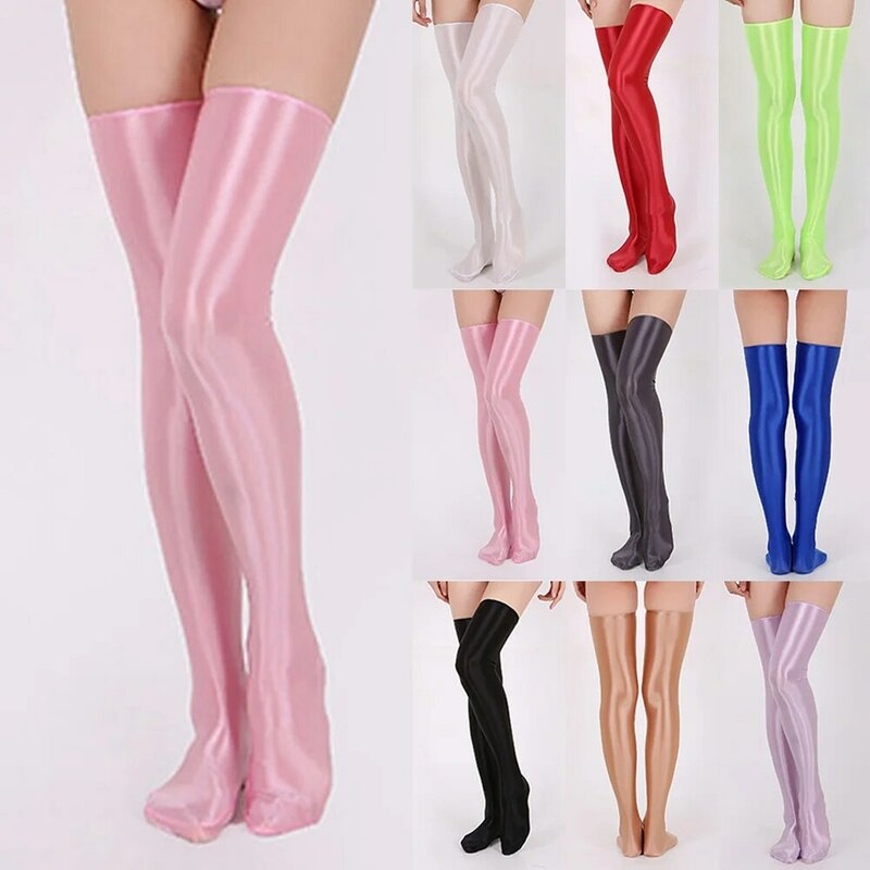Women Sexy Elastic Oil Shiny Glossy Stockings Wet Stretchy Soft Thigh High Socks Non Slip Transparent Party Female Long Hosiery