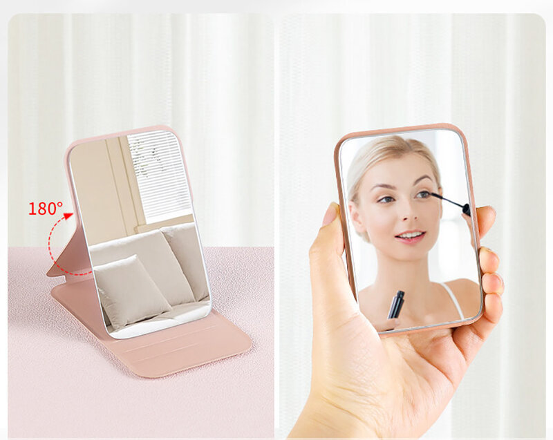 Espejo de maquillaje de escritorio de cuero Pu de Color sólido, espejo de maquillaje de mano portátil Simple, espejo compacto de tocador plegable para estudiantes, lindo