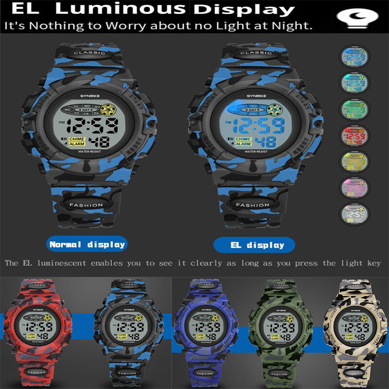 Детские военные спортивные часы Synoke, модные камуфляжные светодиодные водонепроницаемые цифровые наручные часы для мальчиков и девочек с ретранслятором и будильником