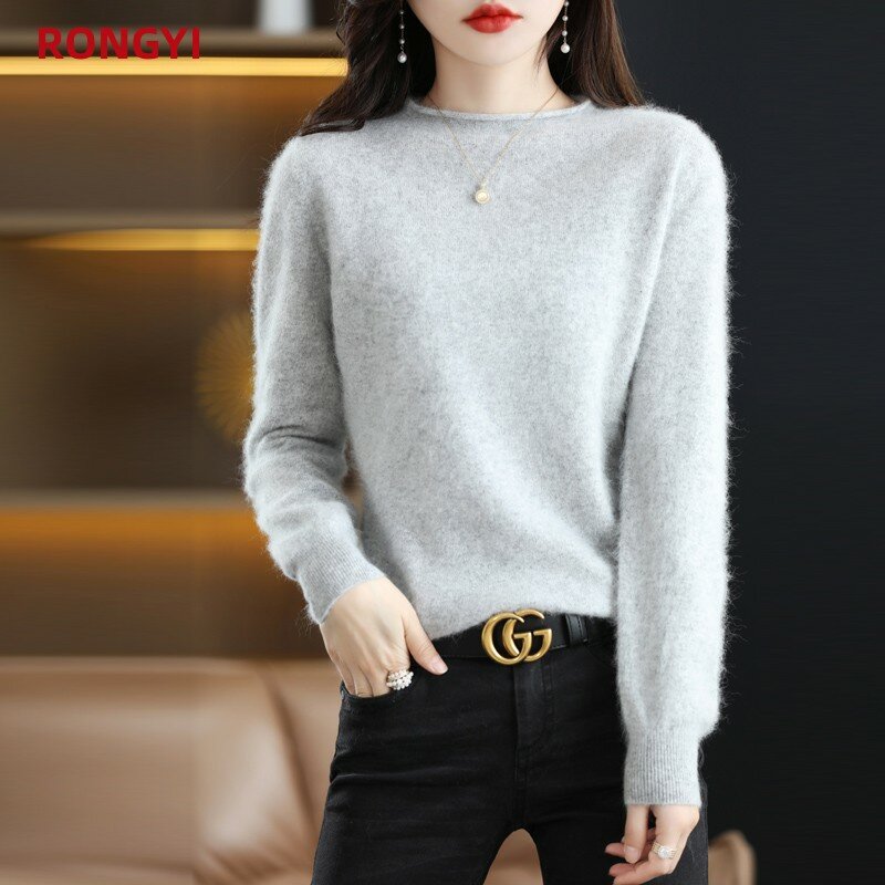 Rongyi Herbst und Winter 100% Nerz Kaschmir pullover Damen Pullover O-Ausschnitt koreanische feste Basis Hemd große Größe dicke lose Top