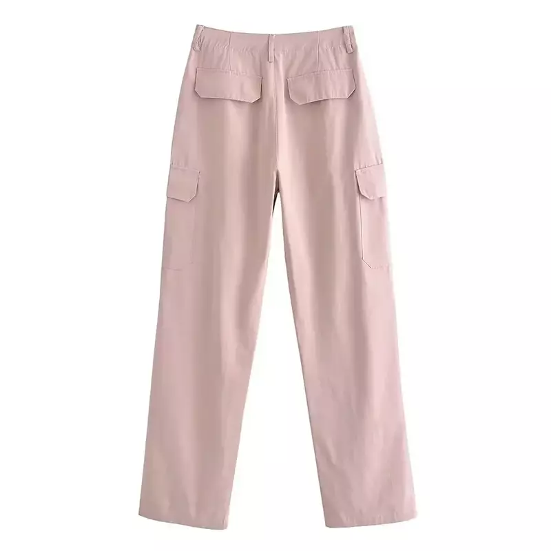 Calça cargo casual reta feminina vintage, cintura alta, com zíper, calça feminina, decoração de bolso flip, nova moda, 2023