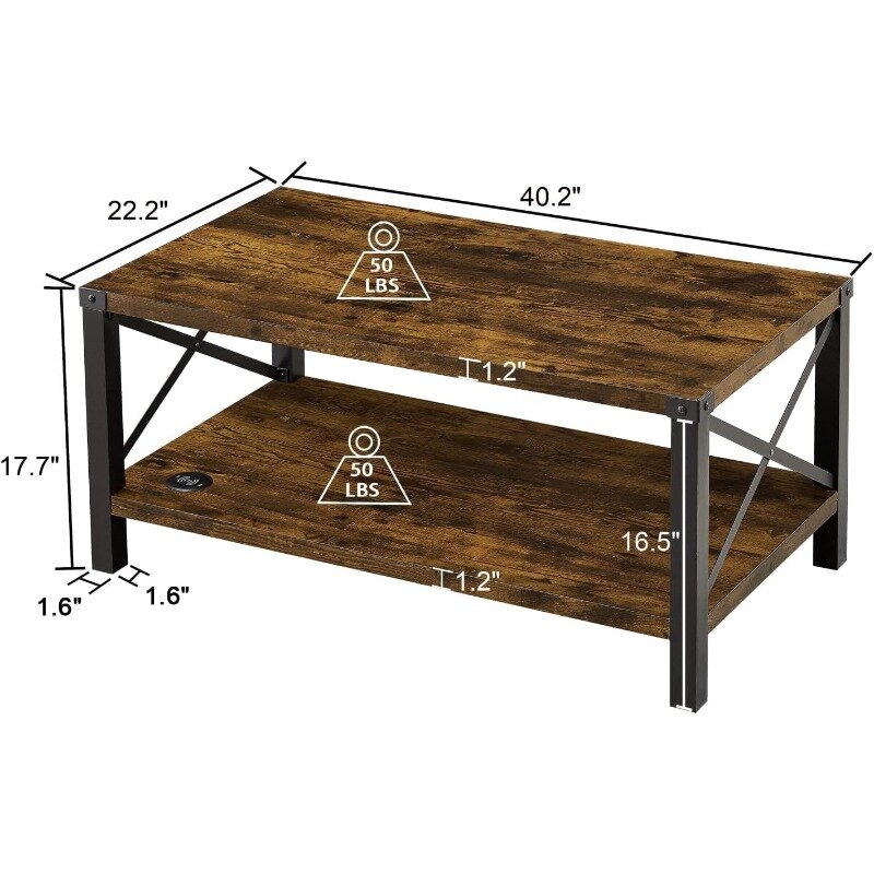Okvnbjk Farmhouse Coffee Table, 2-Tier Center Table for Living Room, Industrial Living Room Table with Charging Station