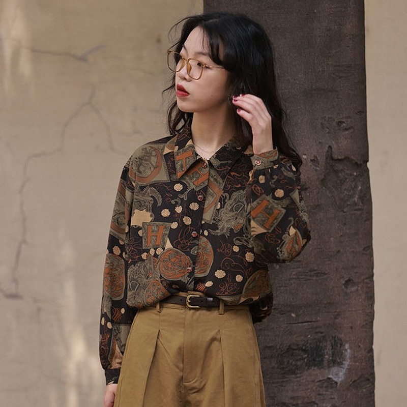 QWEEK Vintage Blouses Streetwear Harajuku Oversized Shirts Women's Elegant Tops Long Sleeve Korean Style Chic Cool Retro Clothes