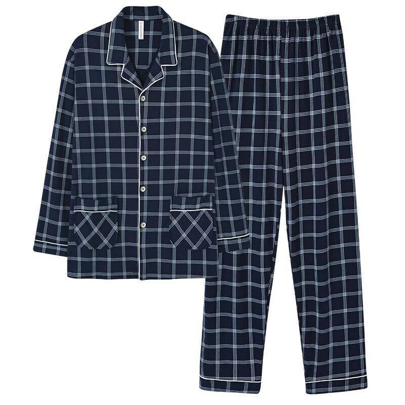 4XL pigiama in cotone pieno per uomo 2 pezzi Lounge Sleepwear pigiama Plaid autunno camicia da letto vestiti per la casa uomo pigiama Cardigan con bottoni
