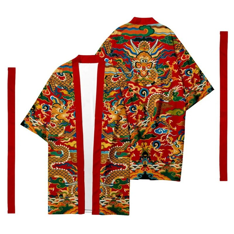 Kimono tradicional con estampado de dragón para hombres, camisas de estilo japonés Yukata, cárdigan, Cosplay Haori, ropa de calle de gran tamaño, novedad