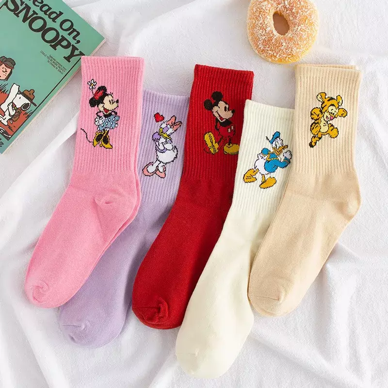 Мультяшные носки с Микки для девочек, корейские Мультяшные милые Микки и Минни, средней длины, студенческие девушки, диснеевские