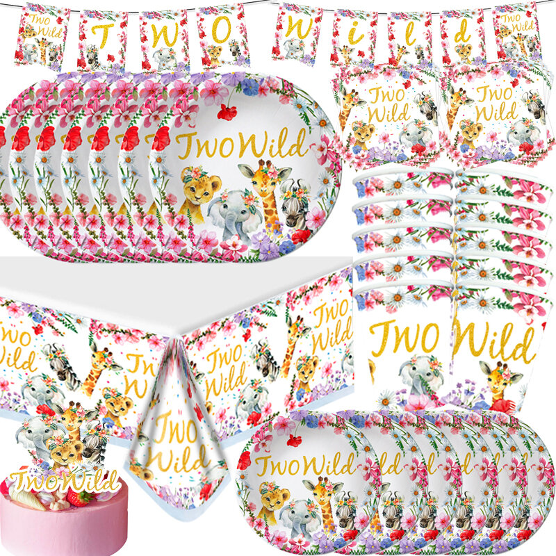 Dwa dzikie dekoracje urodzinowe dziewczyna Party Decor dzieci zwierzęta jednorazowe zastawy stołowe zestaw Baby Shower Girl materiały urodzinowe