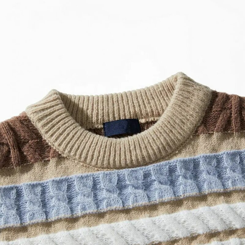Men Knitted Sweater Fall Winter O Neck Contrast Color Striped Sweater Soft Warm Casual Loose Male Pullover Top Knitwear