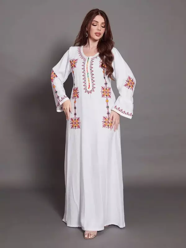 Elegante ricamo abito musulmano per le donne Jalabiya Abaya Ramadan abiti lunghi Abaya donna Kimono Robe marocchino caftano Vestidos